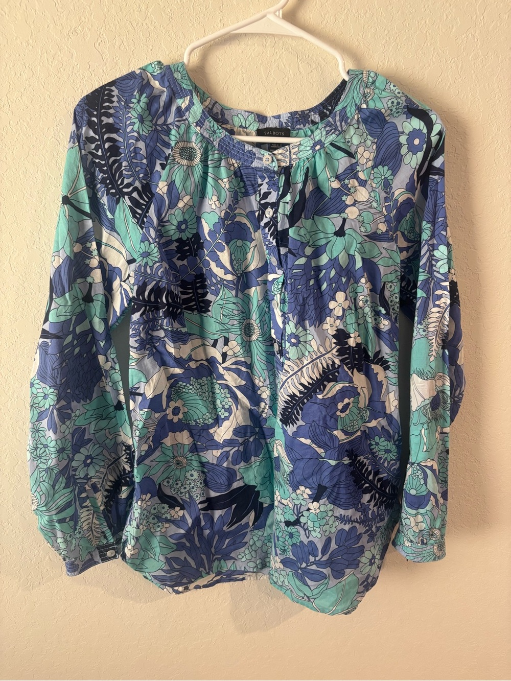 Talbots Jungle Garden Floral Cotton Popover Blouse Womens S Blue Teal Boho